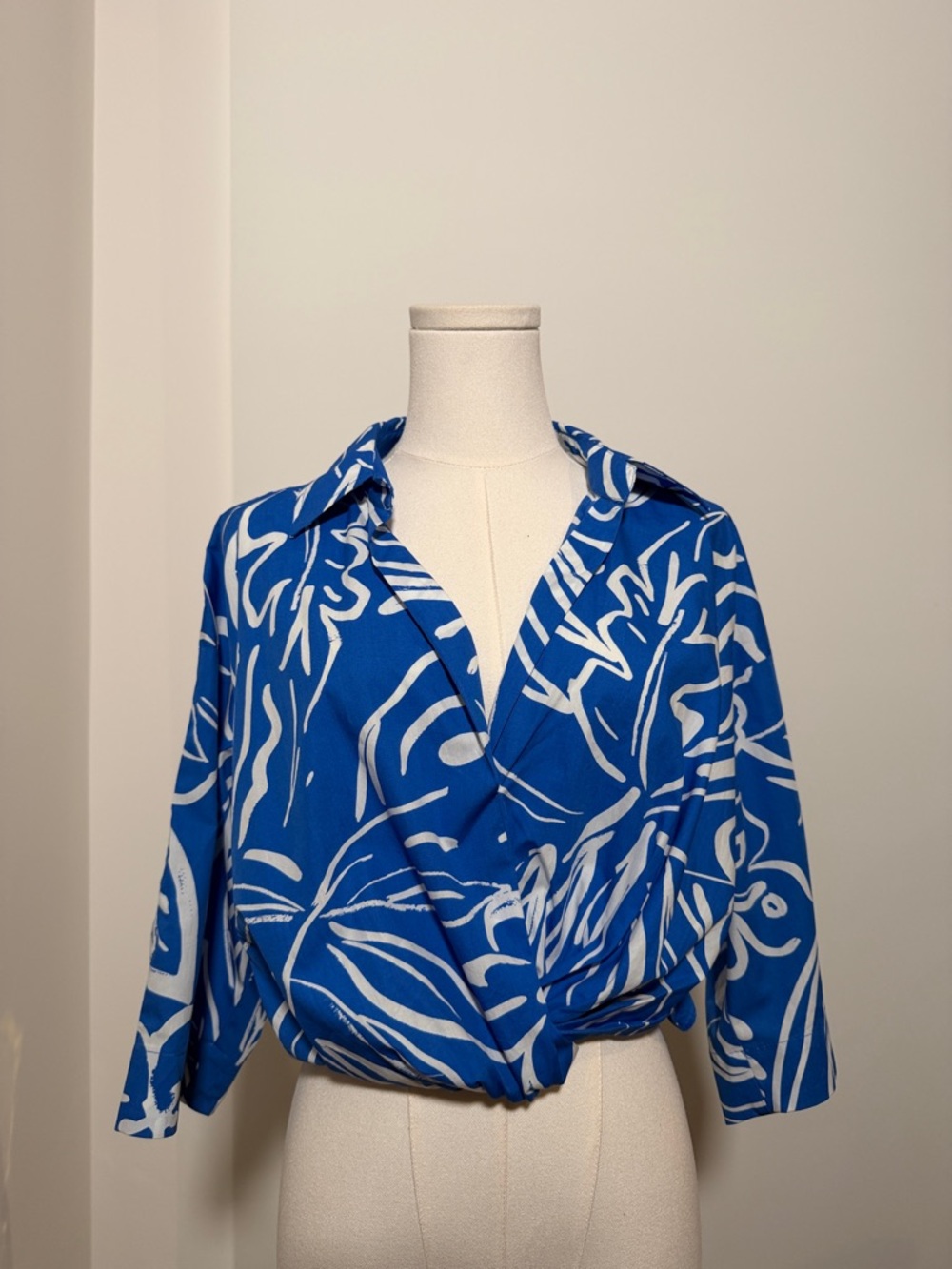 Zara Royal Blue & White Abstract Wrap-Style Blouse